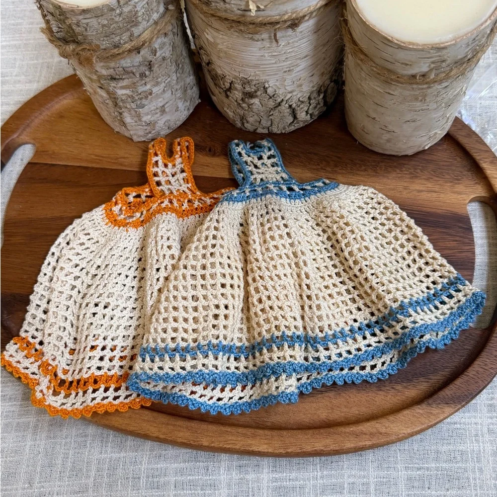 Vintage Crochet Dress Dish Towels Potholders Set Cottage Farmhouse Kitchen Decor